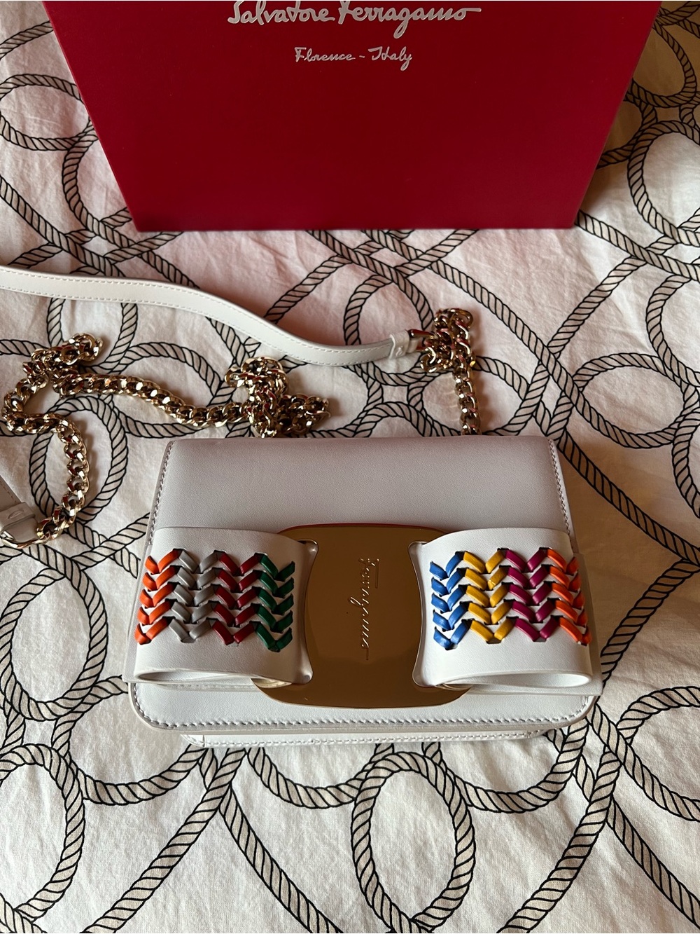 Salvatore Ferragamo Vara Leather Crossbody with Multicolor Woven Bow